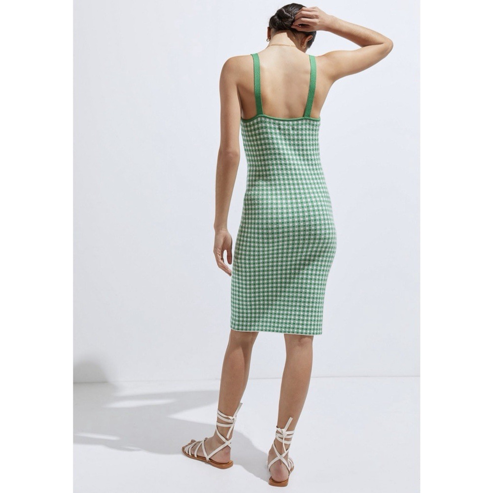 Anthropologie Maeve Gingham Knit Mini Dress Green White Size Medium Cottagecore - Picture 2 of 6